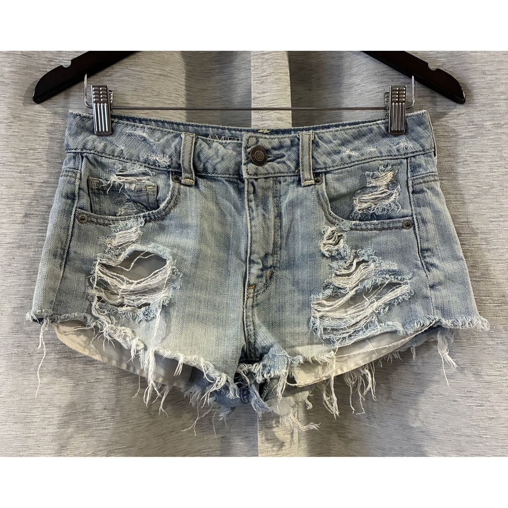 American Eagle Outfitters Light Blue Distressed High Waist Denim Shorts
